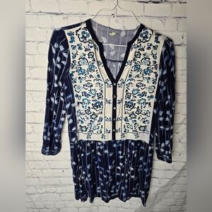 Anthropology Tiny Floral Embroidered Women's Shirt Dress Top - Blue and White Sm